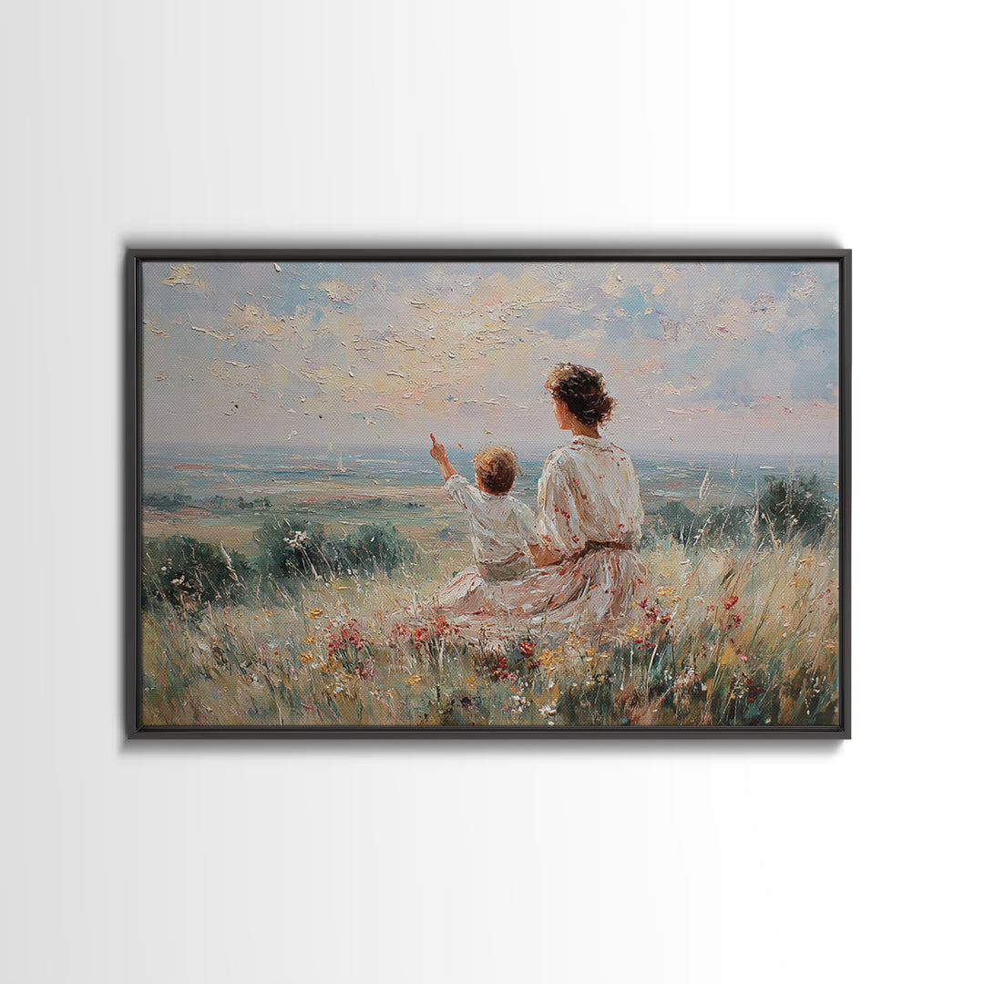 Mother And Child Watching Horizon Canvas Print, Impressionist Meadow Wall Art, Calming Landscape Decor Above Sofa Gift For Her
