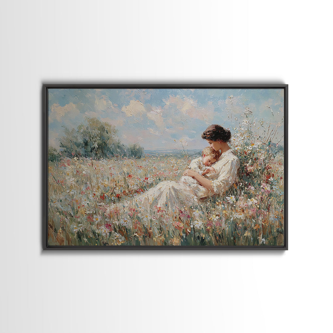 Mother Cradling Baby In Summer Meadow Canvas Print, Floral Wall Art, Impressionist Painting, Nursery Decor, Gift For Mom