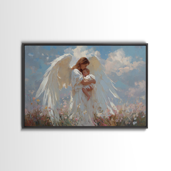 Guardian Angel Holding Baby Framed Canvas Print, Christian Wall Art, Nursery Decor, Spiritual Gift, Baby Shower Gift For Mom