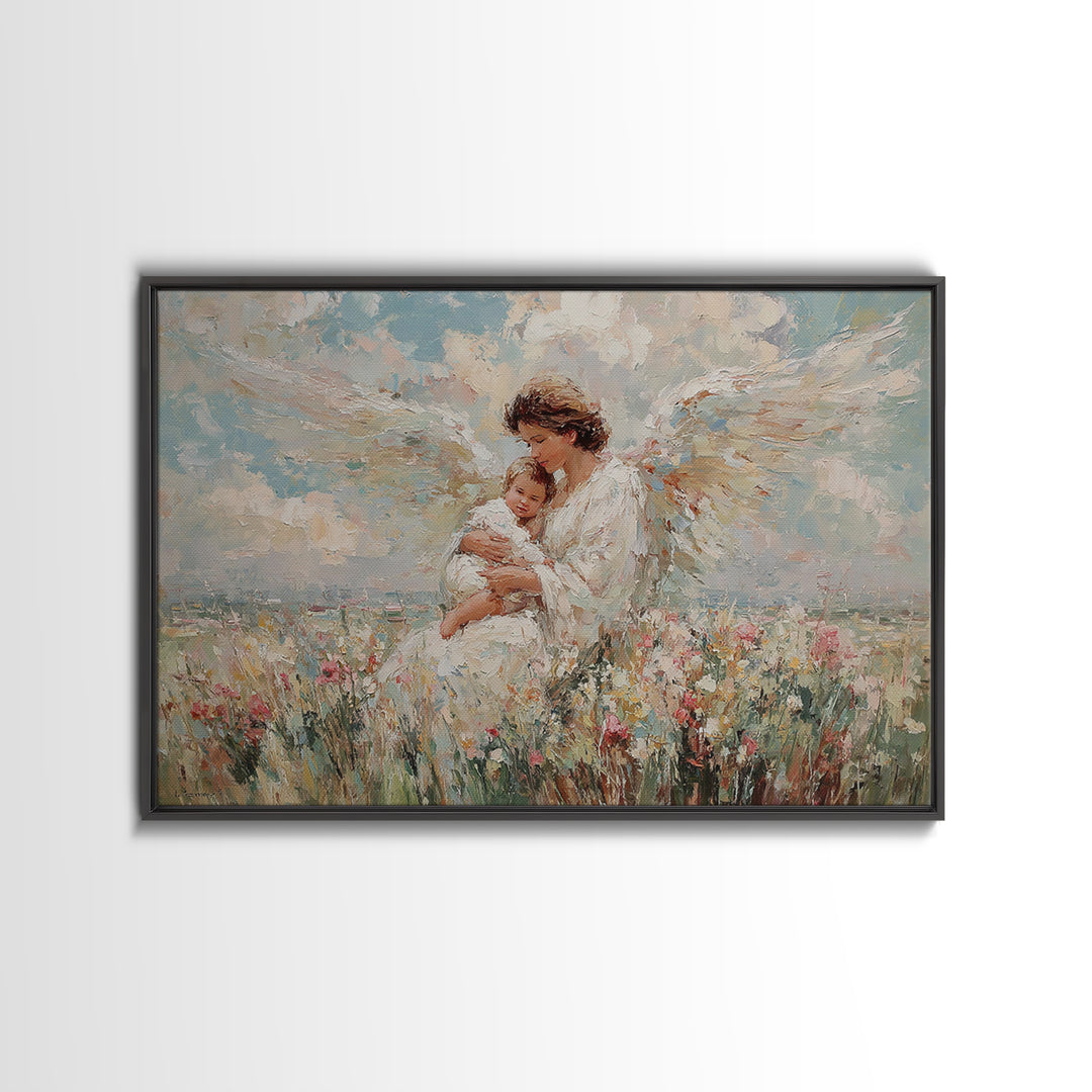 Angel Mother And Baby In Wildflower Meadow Canvas Print, Christian Wall Art, Nursery Decor, Spiritual Gift, Baby Shower Gift
