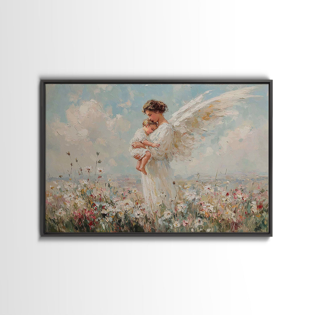 Guardian Angel Mother And Baby In Wildflower Meadow Wall Art, Christian Nursery Decor, Spiritual Gift, Serene Bedroom Print