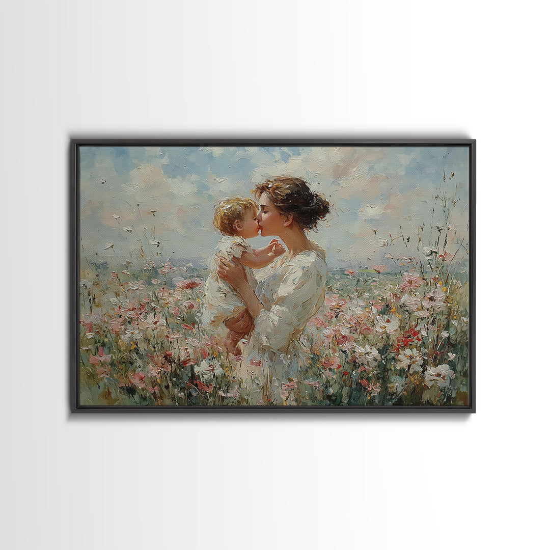 Tender Mother And Baby Kiss In Flower Meadow Framed Canvas Print, Feminine Wall Decor, Nursery Art, Gift For Mom, Peaceful Bedroom Decor