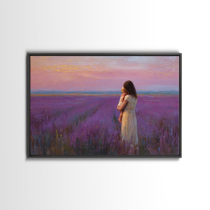 Mother And Baby In Lavender Field Sunset Wall Art, Purple Landscape Print, Romantic Nursery Decor, Gift For Her, Calming Bedroom Decor