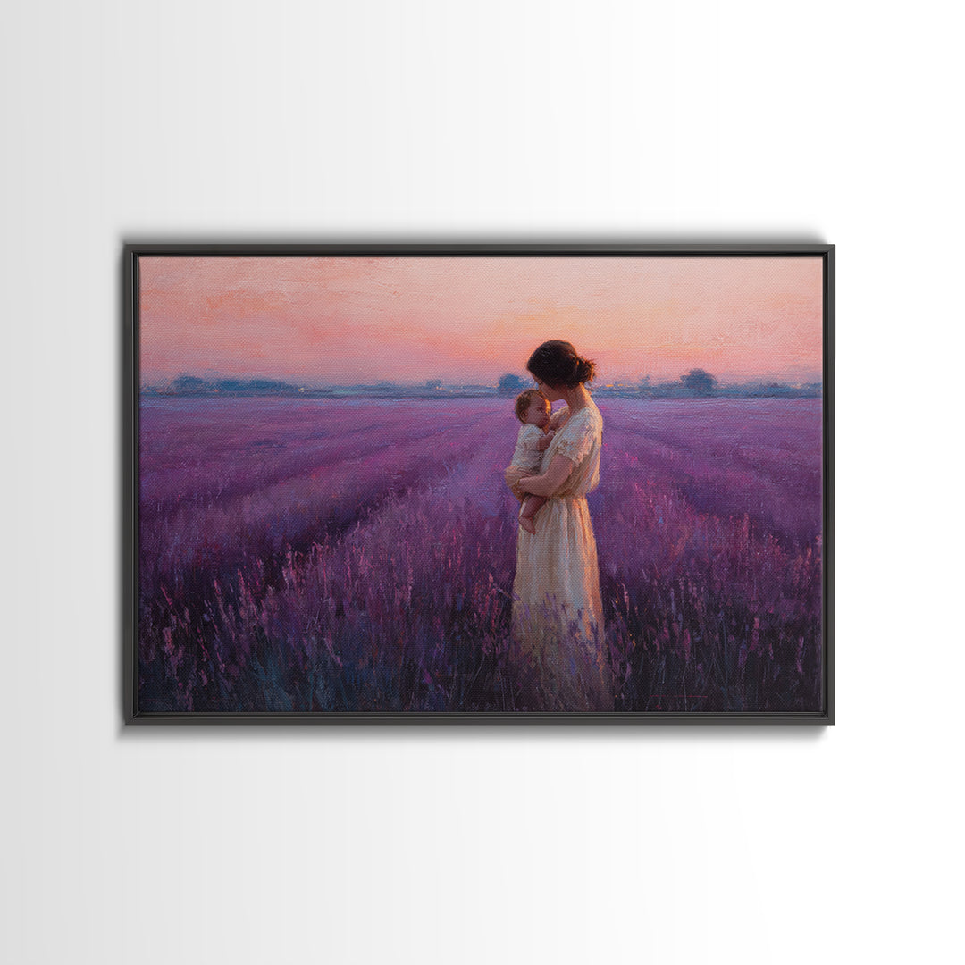 Mother And Baby Embrace In Lavender Sunset Field Framed Canvas Print, Purple Wall Art, Feminine Nursery Decor Gift For Mom
