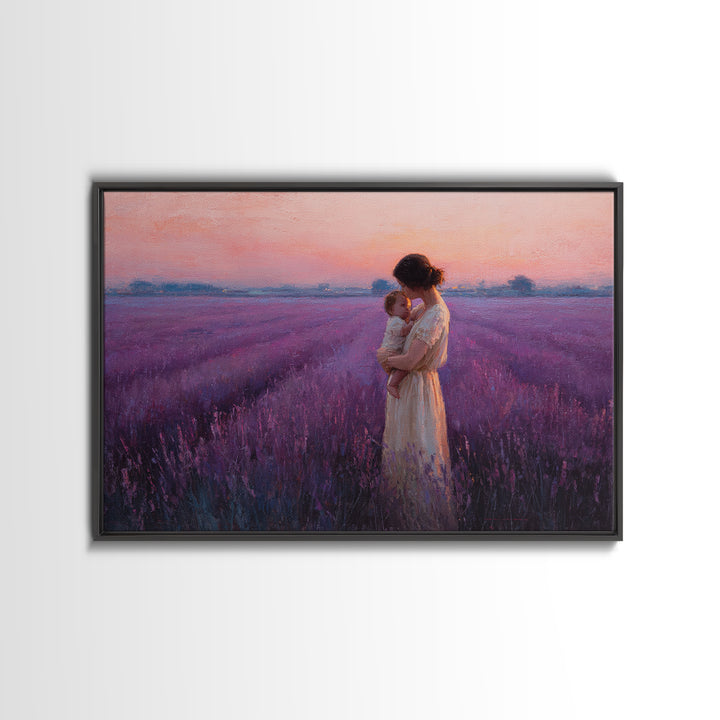 Mother And Baby Embrace In Lavender Sunset Field Framed Canvas Print, Purple Wall Art, Feminine Nursery Decor Gift For Mom