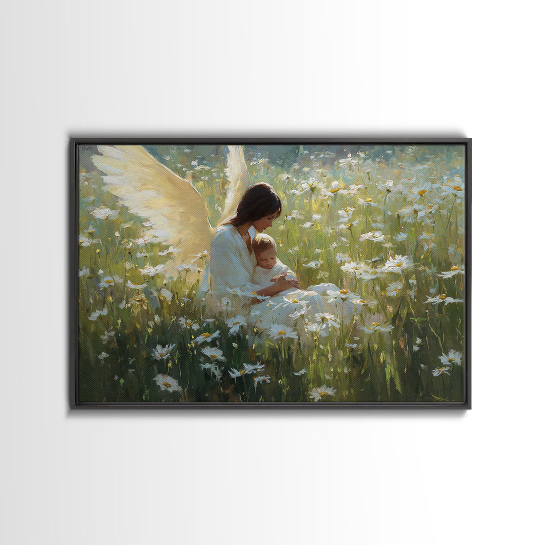 Guardian Angel Mother And Baby In Daisy Meadow Wall Art, Christian Nursery Decor, Spiritual Gift, Peaceful Floral Fine Art Print