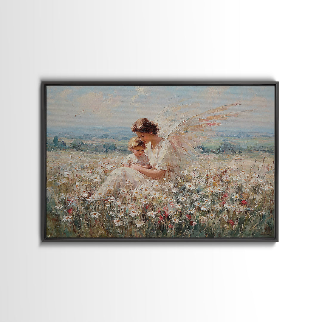 Angel Mother And Child In Wildflower Meadow Wall Art, Serene Religious Nursery Decor, Christian Gift, Fine Art Print, Home Decor