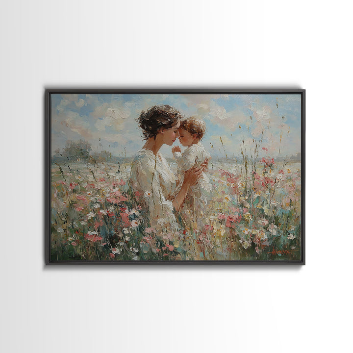 Tender Mother And Baby In Wildflower Field Framed Canvas Print, Feminine Wall Art, Nursery Decor, Christian Gift, Home Decor