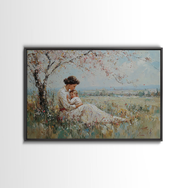Mother Holding Baby Beneath White Blossom Tree Framed Canvas Print, Spring Wall Art, Christian Nursery Decor, Gift For Mom
