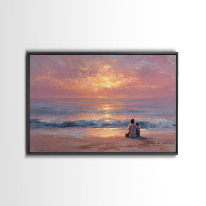 Parent And Child Watching Ocean Sunset Wall Art, Coastal Beach Canvas Print, Seascape Living Room Decor, Housewarming Gift