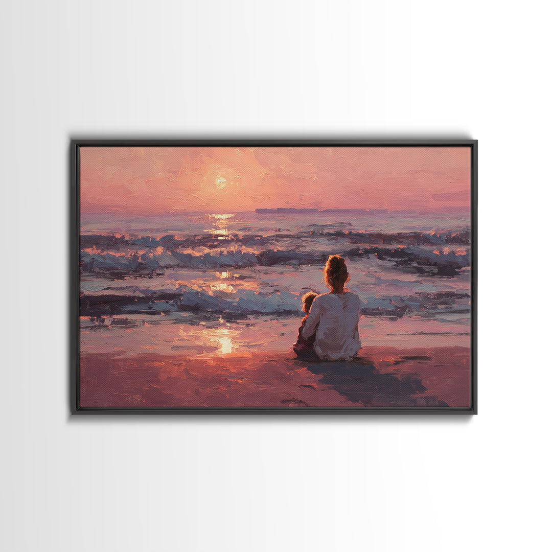 Mother And Child At Pink Ocean Sunset Wall Art, Coastal Beach House Decor, Serene Seascape Print, Gift For Mom, Living Room Decor