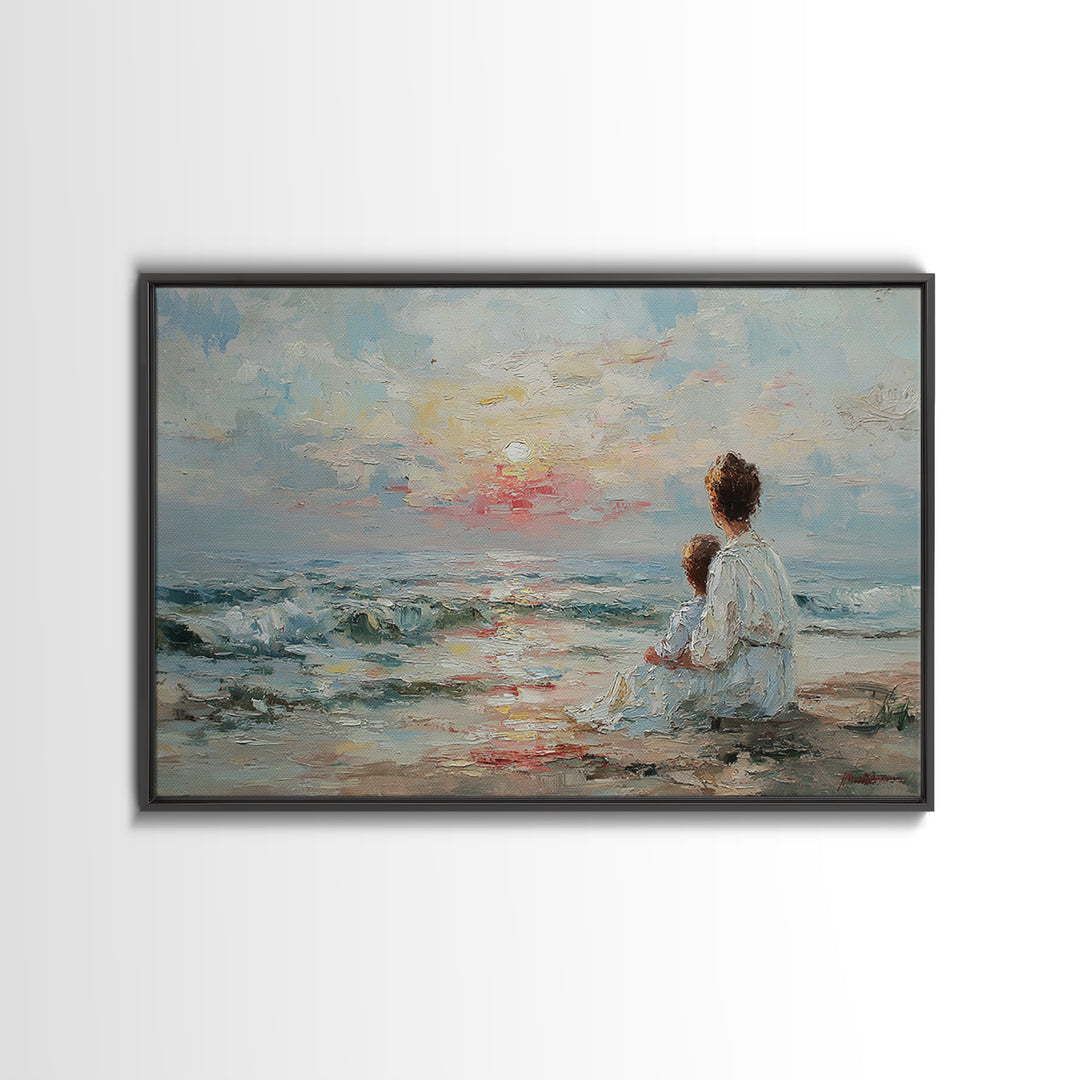 Impasto Mother And Child At Gentle Ocean Sunrise Framed Canvas Print, Coastal Wall Art, Beach Decor, Gift For Mom, Serene Home Decor