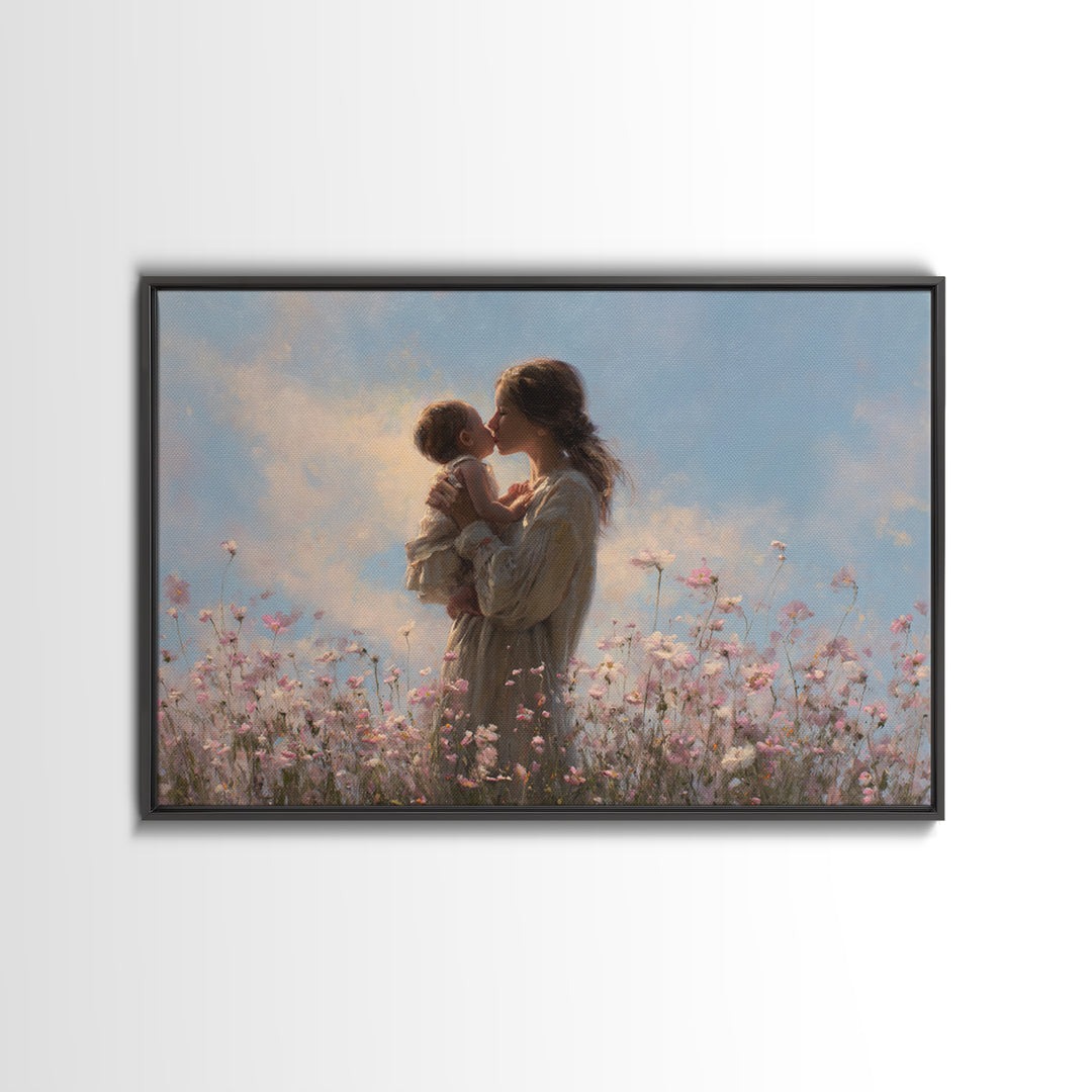 Mother Kissing Baby In Wildflower Meadow Wall Art, Feminine Floral Canvas Print, Nursery Decor, Gift For Mom, Baby Shower Gift