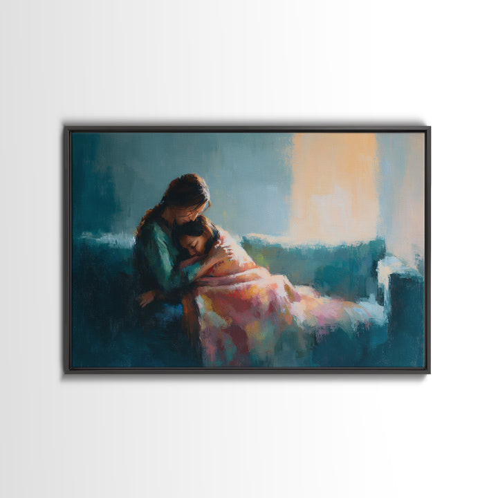 Mother Comforting Child In Blue Room Canvas Print, Modern Family Wall Decor, Emotional Portrait Art, Gift For Mom, Home Decor