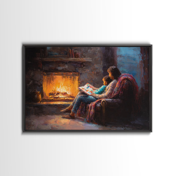 Mother And Child Reading By Glowing Fireplace Canvas Print, Cozy Family Wall Art, Dark Academia Decor, Gift For Mom, Living Room Decor