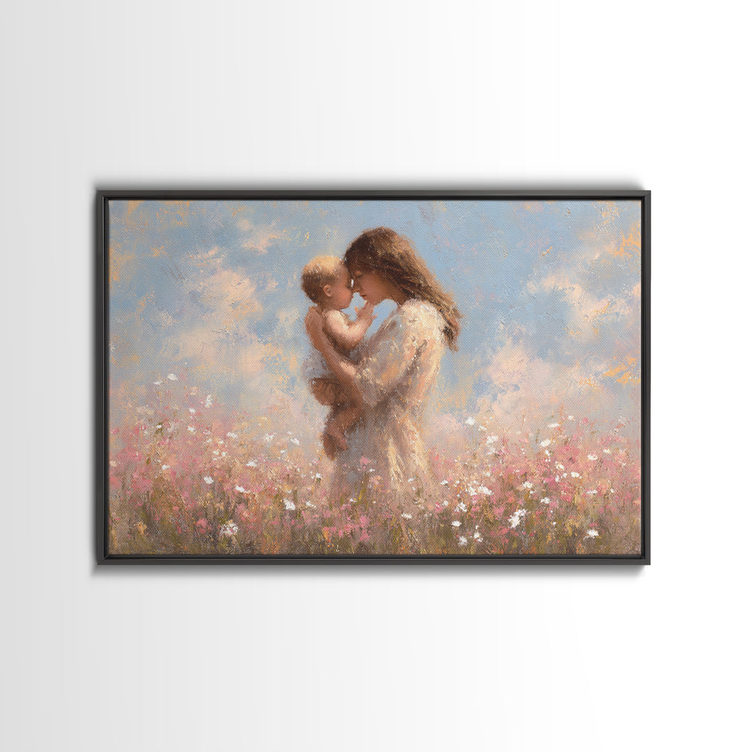 Mother Holding Baby In Wildflower Meadow Wall Art, Soft Impressionist Floral Print, Nursery Decor, Gift For Mom, Baby Gift