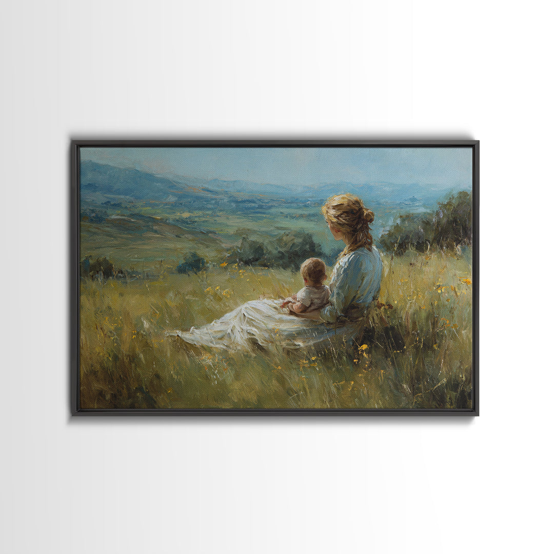 Mother And Baby In Wildflower Meadow Wall Art, Impressionist Landscape Painting, Feminine Nursery Decor, Gift For Mom, Living Room Decor
