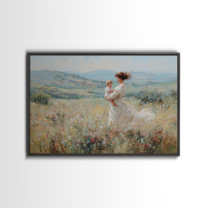 Standing Mother With Baby In Wildflower Valley Canvas Print, Impressionist Floral Landscape, Nursery Decor, Gift For Mom