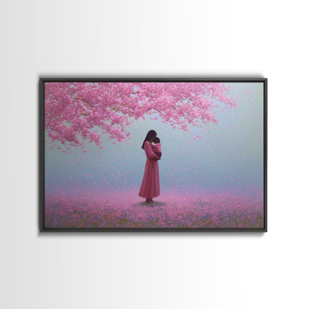 Mother And Child Under Pink Blossoms Wall Art, Cherry Blossom Painting, Feminine Nursery Decor, Romantic Gift For Her, Pink Wall Art