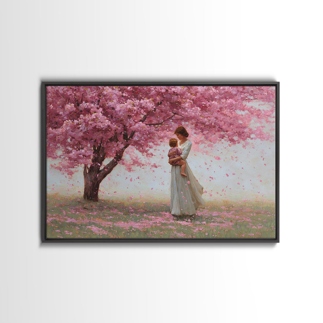 Mother And Child Under Cherry Blossom Tree Framed Canvas Print, Pink Floral Landscape, Romantic Nursery Decor, Gift For Her