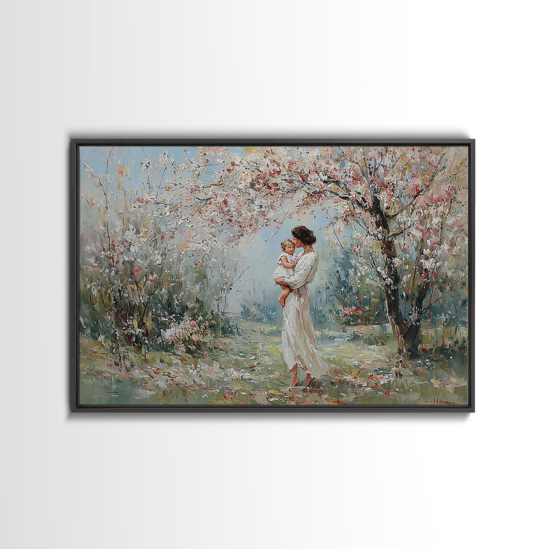 Mother Holding Baby In Blooming Garden Canvas Print, Impressionist Floral Wall Art, Nursery Decor, Housewarming Gift, Home Decor