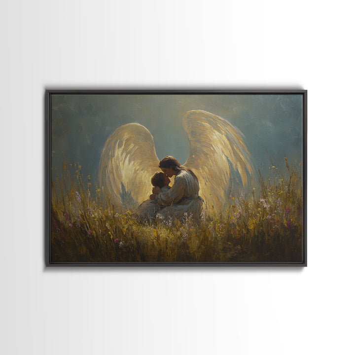 Golden Winged Angel And Child Meadow Framed Canvas Print, Spiritual Wall Art, Christian Nursery Decor, Gift For Her, Living Room Decor