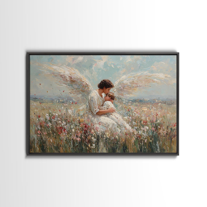 Guardian Angel Holding Baby In Wildflower Field Framed Canvas Print, Christian Wall Art, Nursery Decor, Spiritual Gift Idea