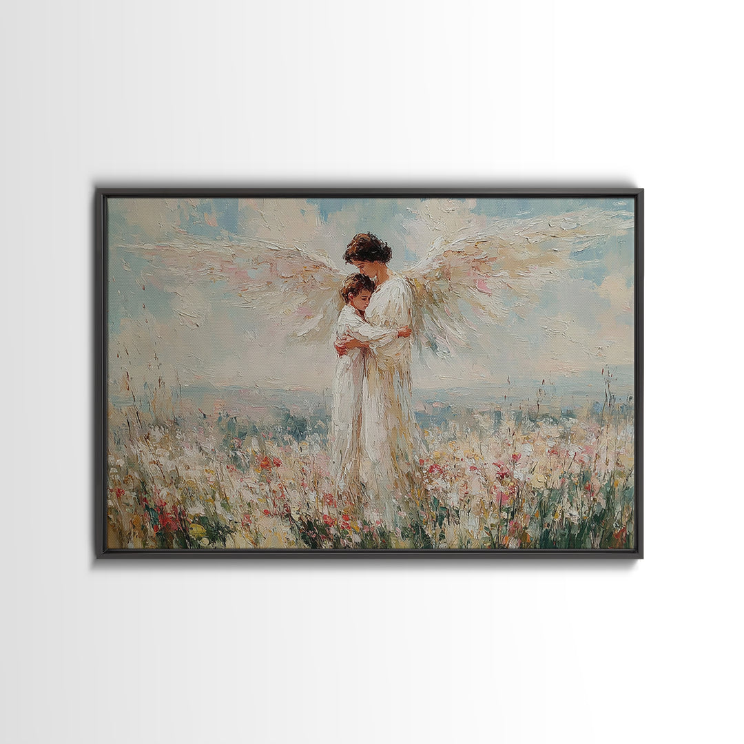 Angel Embracing Child In White Wildflowers Wall Art, Christian Canvas Print, Spiritual Nursery Decor, Gift For Mom, Home Decor