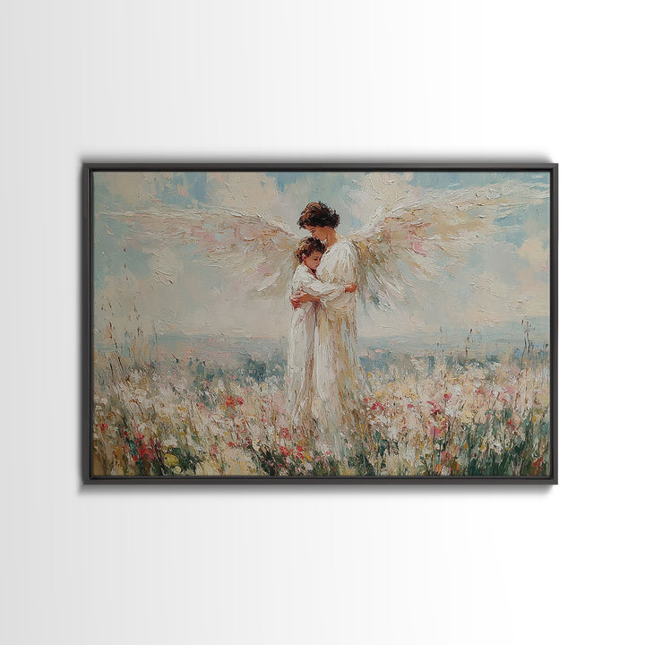 Angel Embracing Child In White Wildflowers Wall Art, Christian Canvas Print, Spiritual Nursery Decor, Gift For Mom, Home Decor