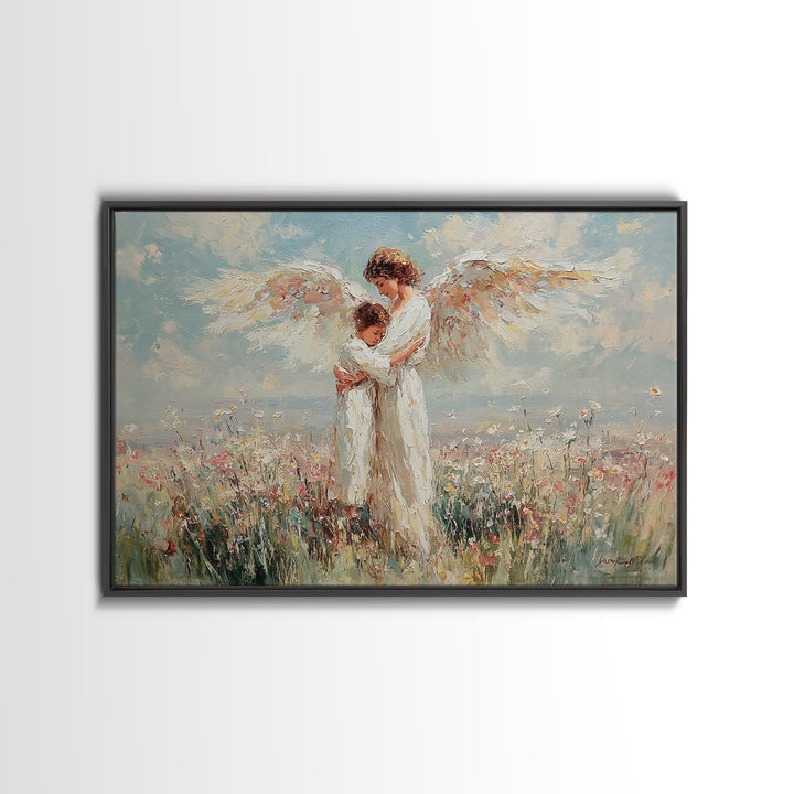 Angel Holding Child In Daisy Meadow Framed Canvas Print, Christian Wall Art, Spiritual Nursery Decor, Gift For Her, Home Decor