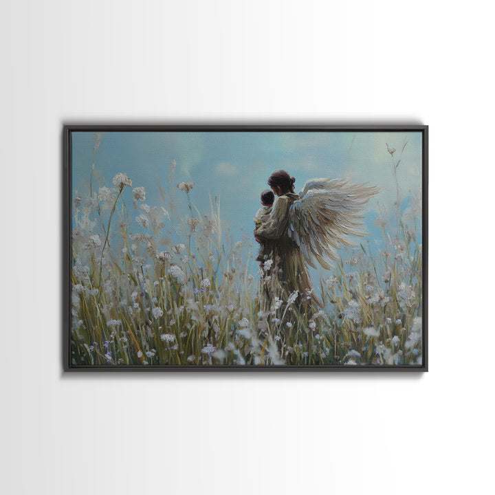 Guardian Angel Carrying Baby Through Dandelions Canvas Print, Spiritual Wall Art, Christian Nursery Decor, Gift For Mom, Home Decor