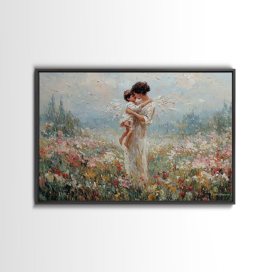 Mother And Baby Embrace In Flower Field Framed Canvas Print, Angelic Nursery Wall Art, Spiritual Gift For Mom, Home Decor
