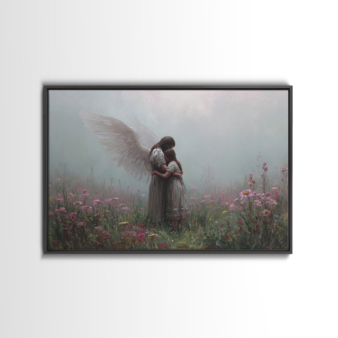 Guardian Angel Hugging Child In Misty Wildflowers Wall Art, Spiritual Nursery Decor, Moody Floral Fine Art Print For Mom