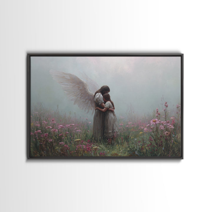 Guardian Angel Hugging Child In Misty Wildflowers Wall Art, Spiritual Nursery Decor, Moody Floral Fine Art Print For Mom