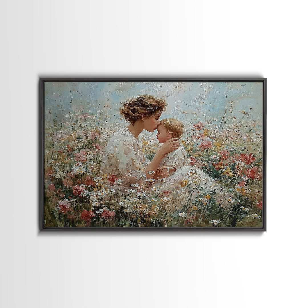 Tender Mother Kissing Baby Among White Daisies Framed Canvas Print, Floral Nursery Wall Art, Spiritual Gift For Mom, Home Decor