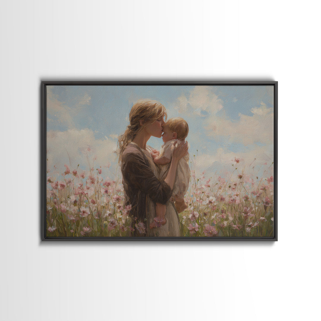Blonde Mother Kissing Baby In Pink Flower Field Framed Canvas Print, Soft Nursery Wall Art, Mothers Day Gift, Home Decor