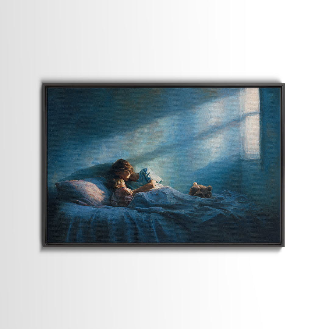 Moonlit Child Reading In Blue Bedroom Wall Art, Impressionist Oil Painting Print, Nursery Decor, Cozy Bedroom Art, Gift For Mom