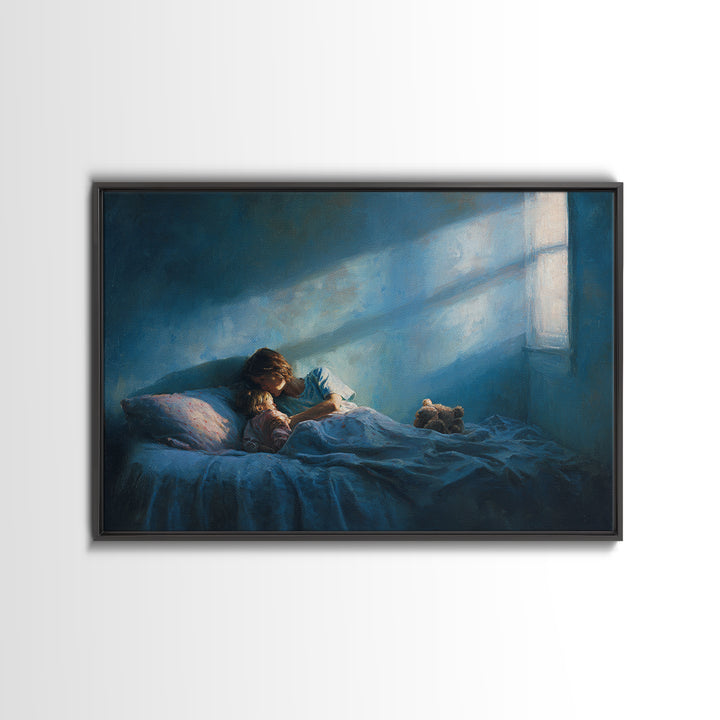Moonlit Child Reading In Blue Bedroom Wall Art, Impressionist Oil Painting Print, Nursery Decor, Cozy Bedroom Art, Gift For Mom
