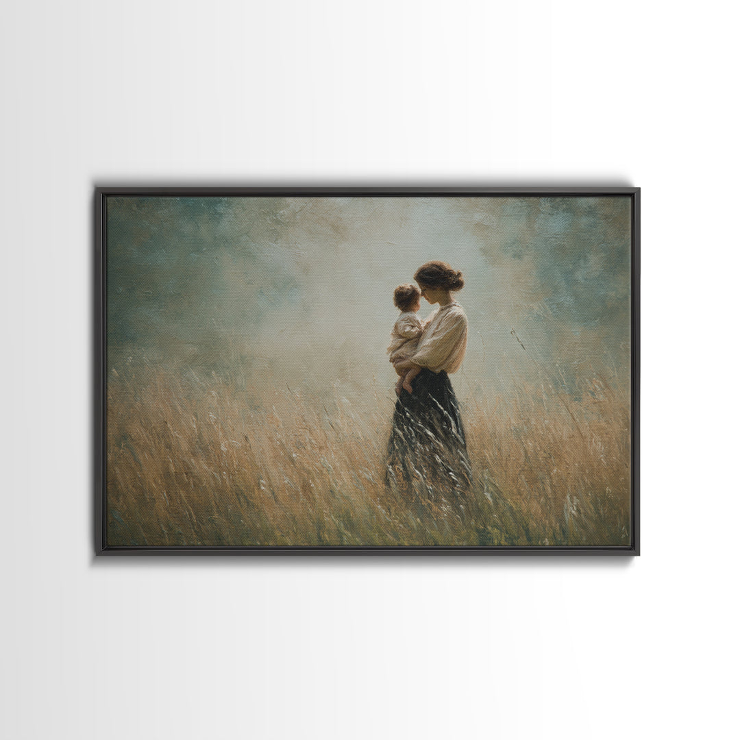 Mother And Child In Golden Grass Framed Canvas Print, Moody Impressionist Painting, Neutral Wall Art, Farmhouse Decor, Housewarming Gift