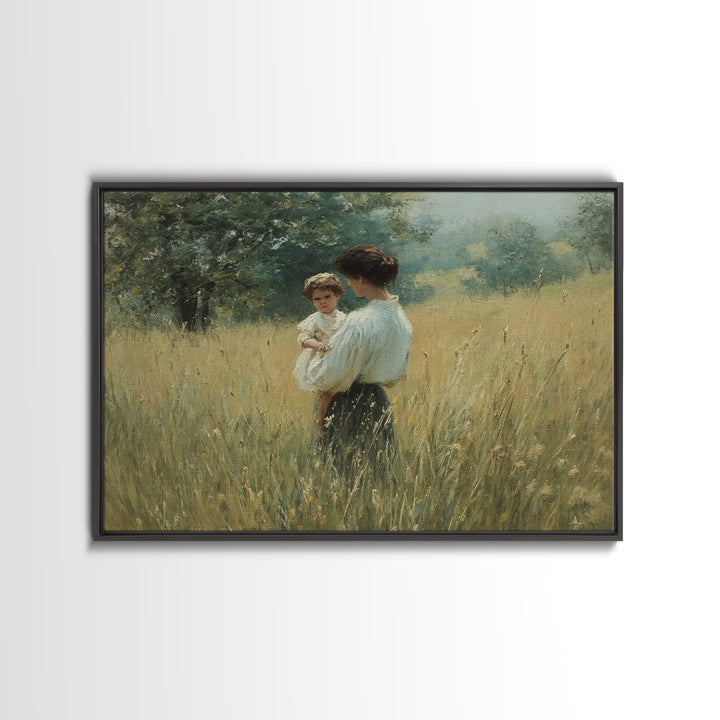 Mother Holding Child In Summer Field Framed Canvas Print, Impressionist Oil Painting, Rustic Wall Art, Farmhouse Home Decor