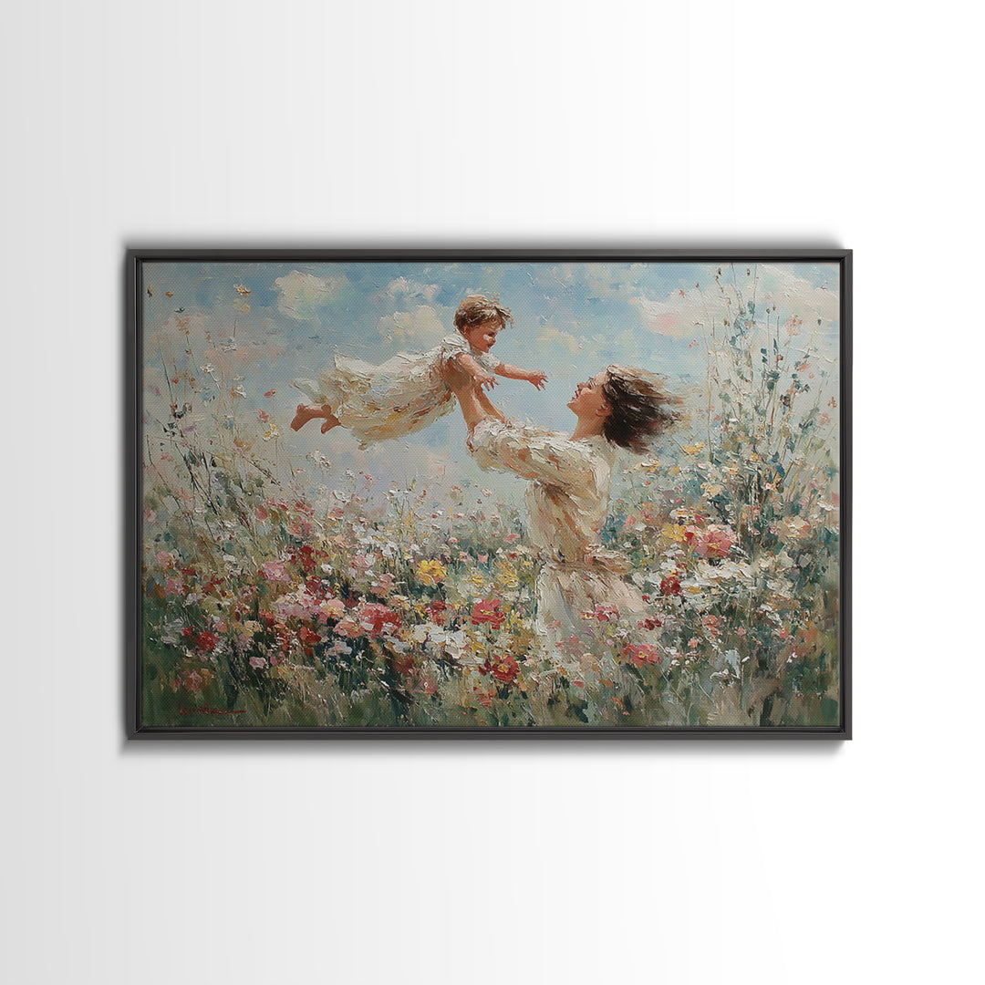 Mother Lifting Child Above Wildflowers Wall Art, Impressionist Oil Painting Print, Floral Nursery Decor, Living Room Decor, Gift For Mom