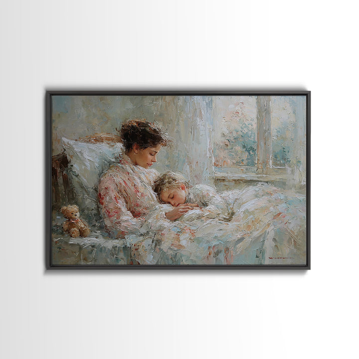 Mother And Child Bedtime Cuddle By Window Framed Canvas Print, Cozy Bedroom Wall Art, Nursery Wall Art, Gift For Mom, Home Decor