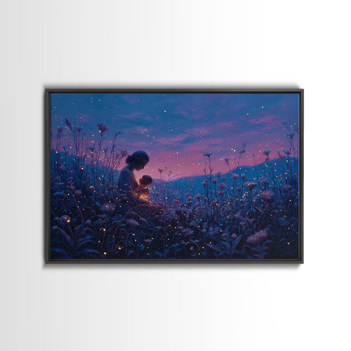 Twilight Mother And Child Firefly Canvas Print, Celestial Nursery Art, Fantasy Wall Decor, Gift For Mom, Bedroom Decor, Magical Art
