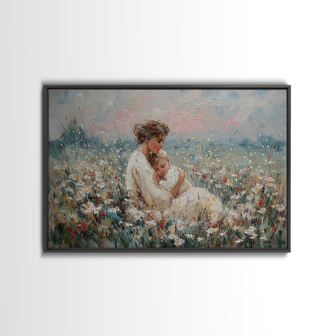 Impressionist Mother And Baby Wildflower Framed Canvas Print, Floral Wall Art, Fine Art Print, Mothers Day Gift, Home Decor