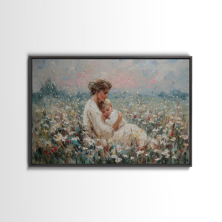 Impressionist Mother And Baby Wildflower Framed Canvas Print, Floral Wall Art, Fine Art Print, Mothers Day Gift, Home Decor