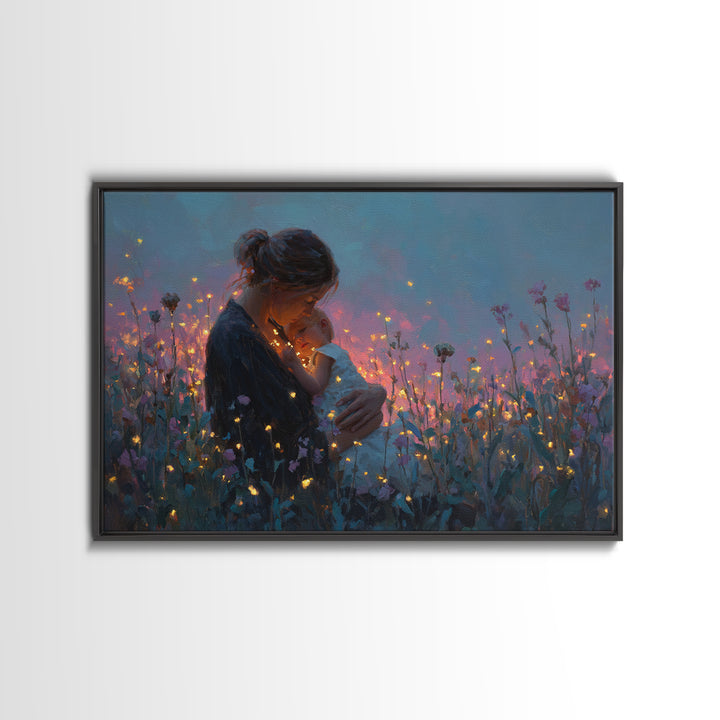 Glowing Mother And Infant Wildflower Canvas Print, Romantic Wall Art, Feminine Nursery Decor, Gift For Her, Cozy Wall Decor