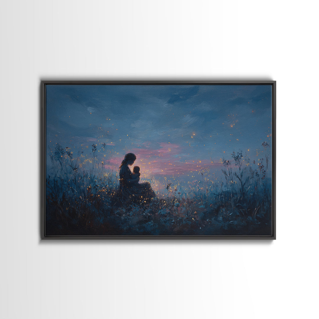 Moonlit Mother And Baby Firefly Wall Art, Celestial Canvas Wall Art, Moody Nursery Decor, Fantasy Art, Gift For Her, Bedroom Decor