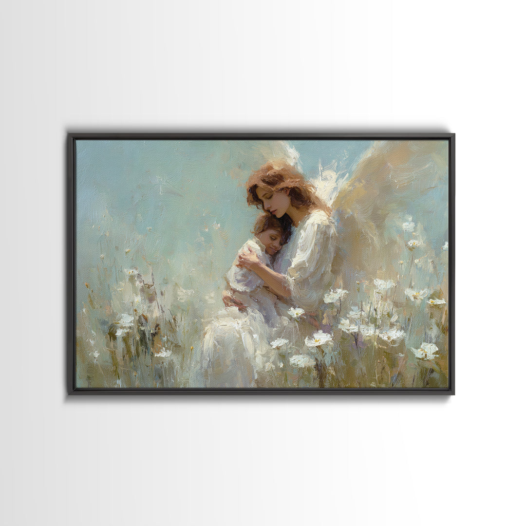 Guardian Angel And Child Daisy Canvas Print, Christian Wall Art, Spiritual Nursery Decor, Feminine Art, Gift For Her, Home Decor