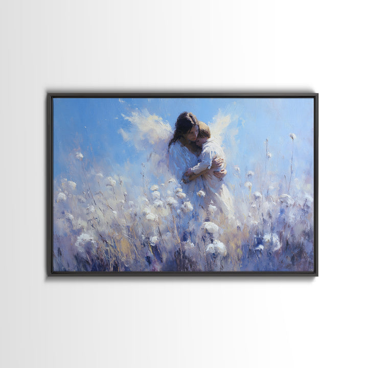Blue Guardian Angel Mother And Child In Cotton Field Wall Art, Christian Nursery Decor, Motherhood Gift, Fine Art Print, Home Decor