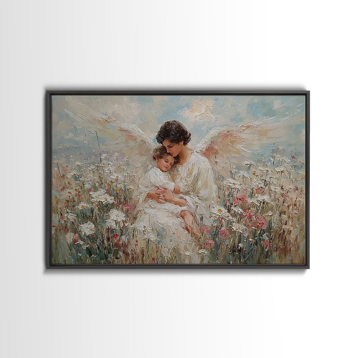 Textured Guardian Angel With Sleeping Child In Daisy Meadow Framed Canvas Print, Christian Wall Art, Nursery Decor, Gift
